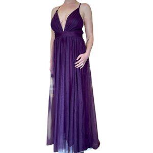 PROM Wedding Dress Aubergine Purple Tulle Flow Sheer Long Dress Selena Luxxel M
